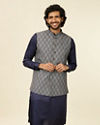 Dark Blue Medallion Patterned Nehru Jacket